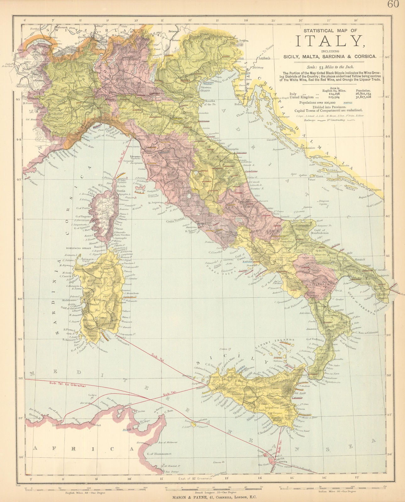 ITALY showing red & white wine, & liqueur growing districts. LETTS 1892 map